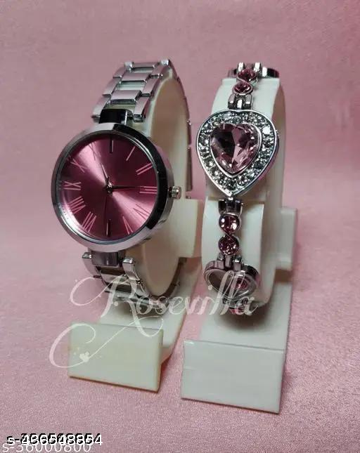 Best Quality Pink Ethnic Dial with Metal Chain Belt Analog Watches with Diamond Studded Bracelet Combo for Women