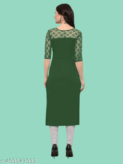 Casual American Crepe And Net Round-Neck 3/4 Length Sleeve Dark Green Kurti (45"Inches)