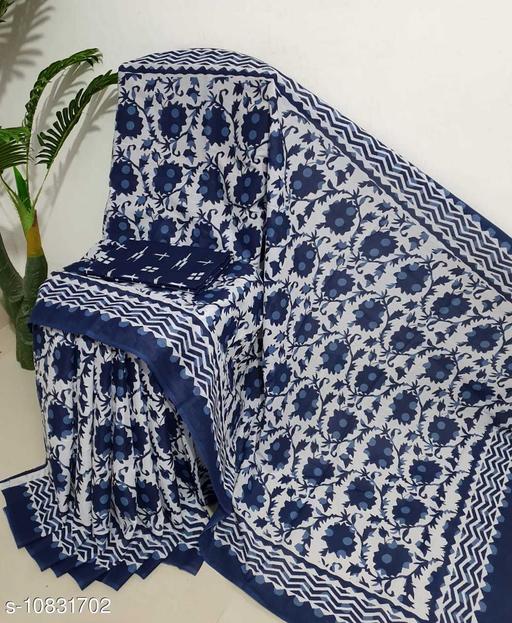 Jaipuri Hand Block Printed Soft Cotton Mulmul Saree ,latest cotton mulmul saree,Sanganeri Cotton Malmal Saree, Bagru Cotton Saree, Batic / Batik Print Cotton saree In Super Fine 92*80 Fabric Quality With Attached Blouse Piece for Woman
