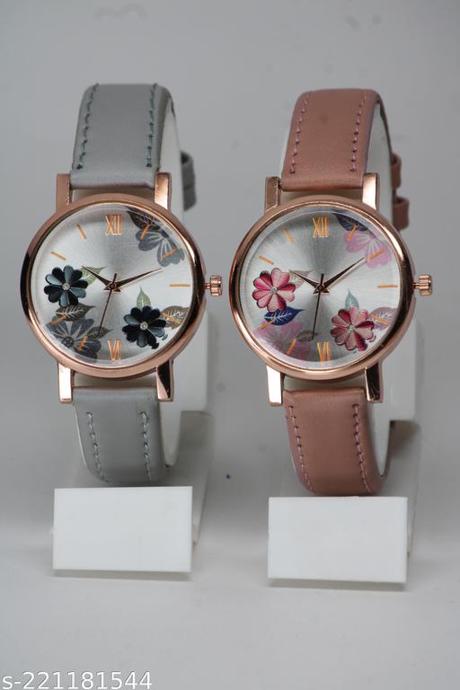 Attractive Flower Design Lather Belt  Analog Watches Combo For Girls & Women