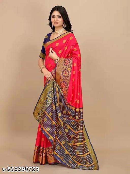 Exquisit women’s soft Banarasi Silk saree (Gajri color) with Golden Polka Dots and Blouse Piece (Gajari  color).