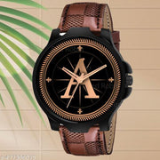 Welix Analog Round Black Dial ALPHABET A Design Stylish Brown Leather Strap Classic Design Fancy Wrist Watch for Men and Boys, Pack of 1 - ALPHA-A-3K-BLK-BRW-CHL-41