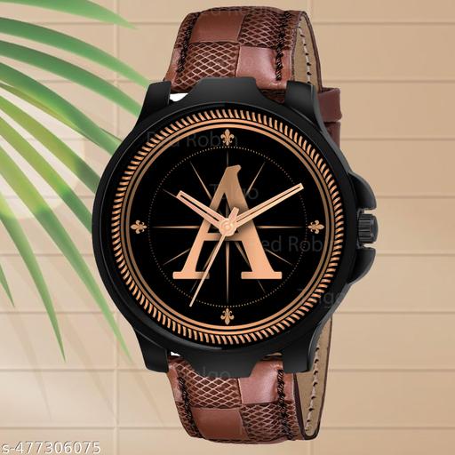 Welix Analog Round Black Dial ALPHABET A Design Stylish Brown Leather Strap Classic Design Fancy Wrist Watch for Men and Boys, Pack of 1 - ALPHA-A-3K-BLK-BRW-CHL-41