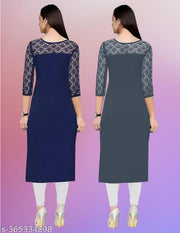 Pack of 1 Casual American Crepe And Net Round-Neck 3/4 Length Sleeves Navy Blue & Grey Kurti (42"Inches)