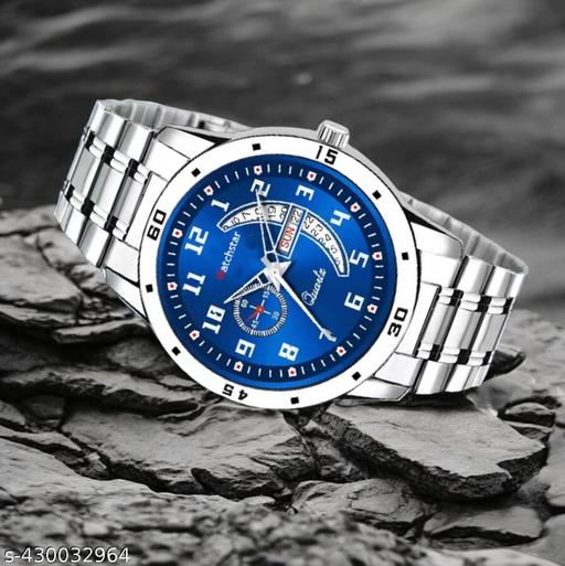Blue dial steel belt day and date working analog sports watch for mens and boys(metal belt day and date watch for mens)