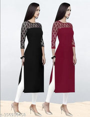 Pack of 1 Casual American Crepe And Net Round-Neck 3/4 Length Sleeves Black & Maroon Kurti (42"Inches)