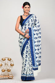 JAIPURI, BAGRU HAND BLOCK PRINT PURE SOFT COTTON MULMUL SAREE WITH BLOUSE PIECE