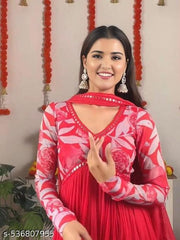 NIVA TEX Trending Embrodired Printed Georgette Gown With Dupatta Set RED