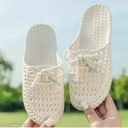 Monoction Elegant Women Woven Mesh Lace-Up Mule Slippers | Breathable Hollow-Out Casual Sandals | Lightweight Flexible Rubber Mules