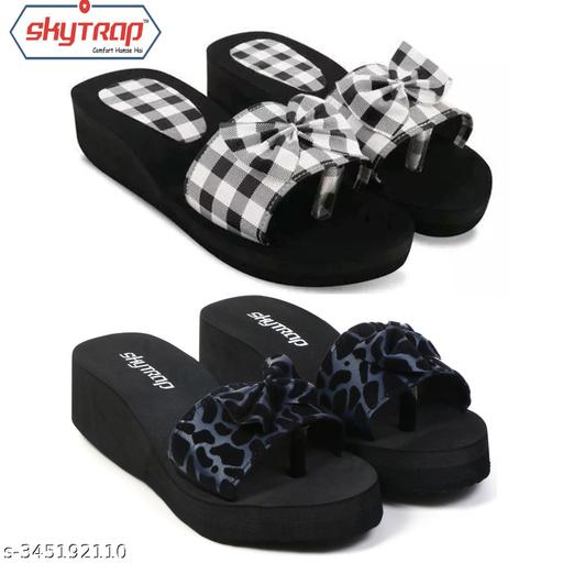 Skytrap Black, Blue Nubuck Eva Stylish & Comfortable Heels Slippers Flipflop for Women & Girls Combo of 2