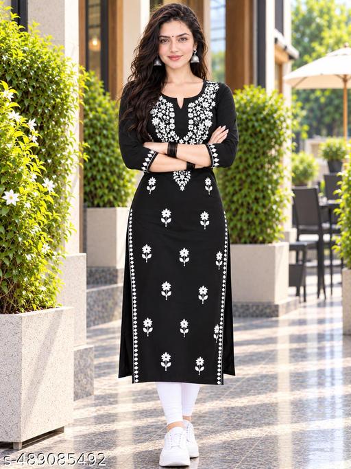 Vedant  Womens Hand Embroidered Lucknowi Chikankari Rayon Kurta-Black