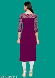 Casual American Crepe And Net Round-Neck 3/4 Length Sleeves Wine Kurti (45"Inches)