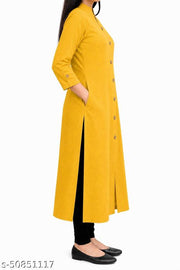 Trendy Attractive Traditional Women Yellow Solid Daily Wear A-Line Kurtis With Mandarin Collar & Pocket (Latest Design for Festive Season 2026)