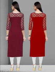 Pack of 1 Casual American Crepe And Net Round-Neck 3/4 Length Sleeves Maroon & Red Kurti (42"Inches)