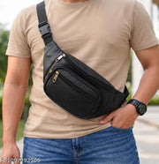 Men's Black Leather Waist Bag | Large Multi Pocket Belt Bag | Stylish Travel, Running & Bike Riding Waist Pouch