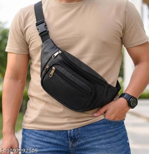 Men's Black Leather Waist Bag | Large Multi Pocket Belt Bag | Stylish Travel, Running & Bike Riding Waist Pouch
