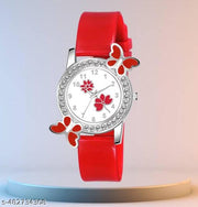 Diamond-Studded Flower Design Dial Analog Watch with Red PU Strap for Girls & Women (Pack of 1)