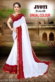 Pure White & Red Georgette Bandhani Running Blouse Saree With Latkan