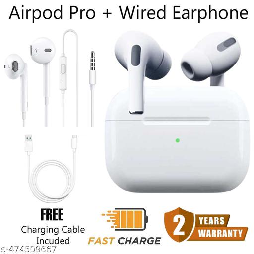 Airpod Pro, White Airpod, TWS Headphone, Tws earphone, True Wireless Bluetooth Headphone, True Wireless Bluetooth Earphones + Wired Earphone, WIred Headphone - Combo