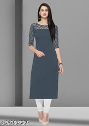 Polyster/Crepe fabric-Casual And Round-Neck 3/4 Length Sleeves Grey Kurti (45"Inches)
