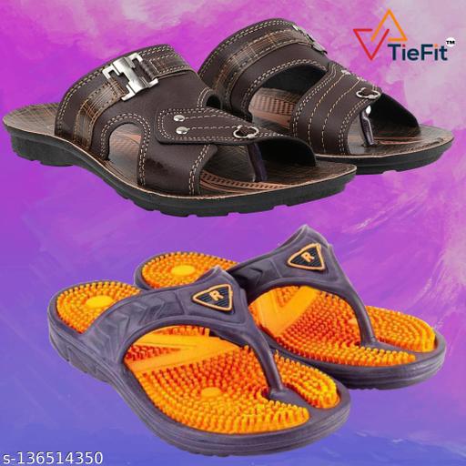 TieFit Men's Accupressure Non-Slip Slippers & TieFit Men's Thong Slipper Combo Pair Of 2