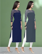 Polyster/Crepe fabric-Pack of 1 Casual And Round-Neck 3/4 Length Sleeves Navy Blue & Grey Kurti (42"Inches)