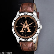 Talgo Analog Round Black Dial ALPHABET A Design Stylish Brown Leather Strap Classic Design Fancy Wrist Watch for Men and Boys, Pack of 1 - ALP-A-AVO-SIL-BRW-CHL
