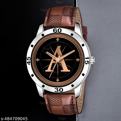 Talgo Analog Round Black Dial ALPHABET A Design Stylish Brown Leather Strap Classic Design Fancy Wrist Watch for Men and Boys, Pack of 1 - ALP-A-AVO-SIL-BRW-CHL
