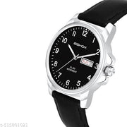 Black Leather Strap Analog Watch for Men: New Black Dial with Day and Date Function, Quartz Movement, Classic and Attractive Design, Professional and Top-Trendy Stylish Analogue Watches for Men and Boys, Perfect for Office and School Use