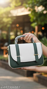 structured top-handle satchel featuring a two-tone color-block design Luvoksi Green & White Sling Bag Treio. KLEIO Green & White Solid Medium Satchel Handbag and the Sydney Spark Green Hand-held Bag.
For official going lady
