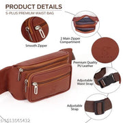 S Plus Tan Brown Kamar Pouch for Men & Women | PU Leather Waist Bag | 4 Zipper Pockets | Adjustable Belt | Travel, Running & Daily Use
