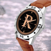 Sky Mart Analog Round Black Dial ALPHABET R Design Stylish Beige Leather Strap Classic Design Fancy Wrist Watch for Men and Boys, Pack of 1 - ALPHA-R-AVO-SIL-TAN-CRL -7