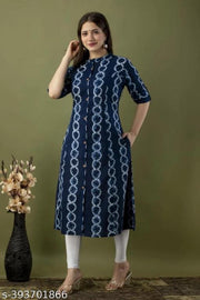 Woman Blue A-line Printed Rayon Single Stitched Three-Quarter Sleeves Calf Length Daily Wear Roll-Up With Show Button Beautiful Kurti.