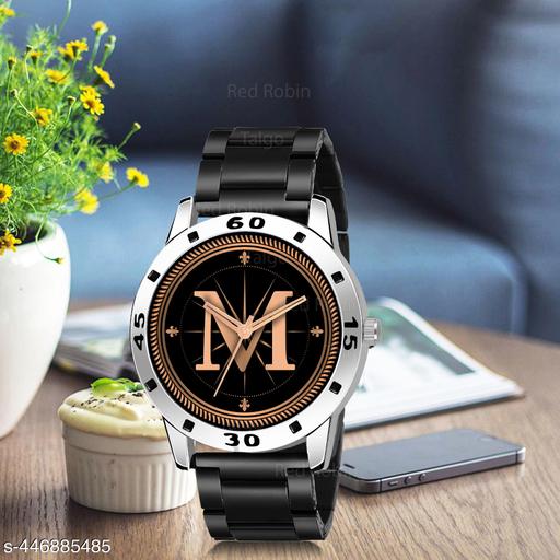 Skoal Analog Round Black Dial ALPHABET M Design Stylish Black Silicone Strap Classic Design Fancy Wrist Watch for Men and Boys, Pack of 1 - ALPHA-M-AVO-SIL-CDBLK