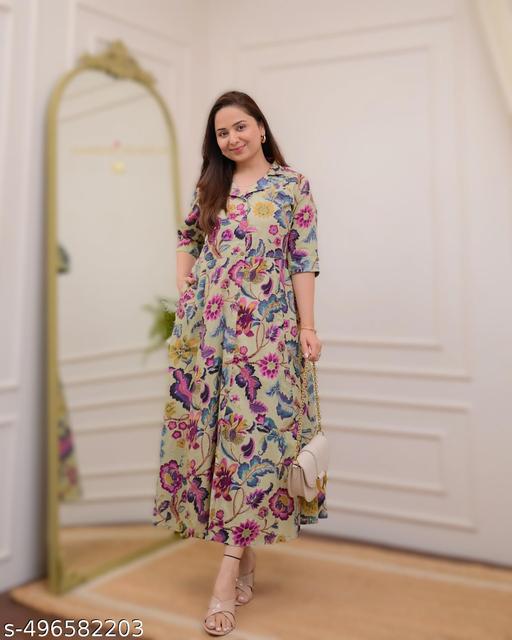 Womens Cotton Printed A-line Anarkali Kurti