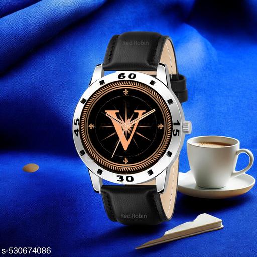 Femeo   Analog 9293  Watches Round Black Dial V Design Stylish Black Leather Strap Classic Design Fancy Wrist Watch for Men and Boys, Pack of 1 - A07ZALPHA-V-AVO-SIL-BLK-L