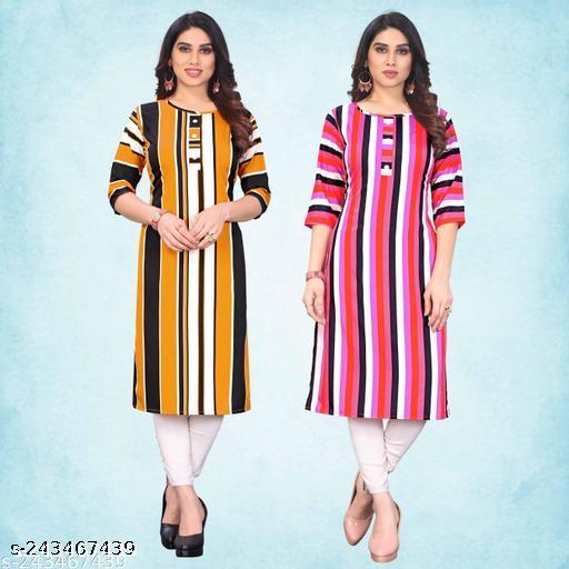 Polyster/Crepe fabric-Women's Multicolor Daily Use Straight Kurti (Pack Of 2 Pcs)