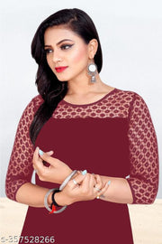 Casual American Crepe And Net Round-Neck 3/4 Length Sleeves Maroon Kurti (42"Inches)