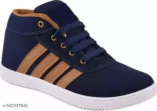 Navy Blue Solid High Ankle Shoes For Men