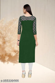 Polyster/Crepe fabric-Casual And Round-Neck 3/4 Length Sleeves Dark Green Kurti (42"Inches)