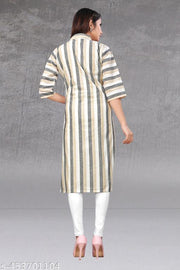 Women Striped Khadi Cotton Straight Kurta FANCY COTTON DESIGNER LATEST BOLLYWOOD STRAIGHT KURTI Trendy The New Fancy Bollywood-Inspired Trendy Women's Cotton Straight Kurti Trendy Attractive kurti collar neck