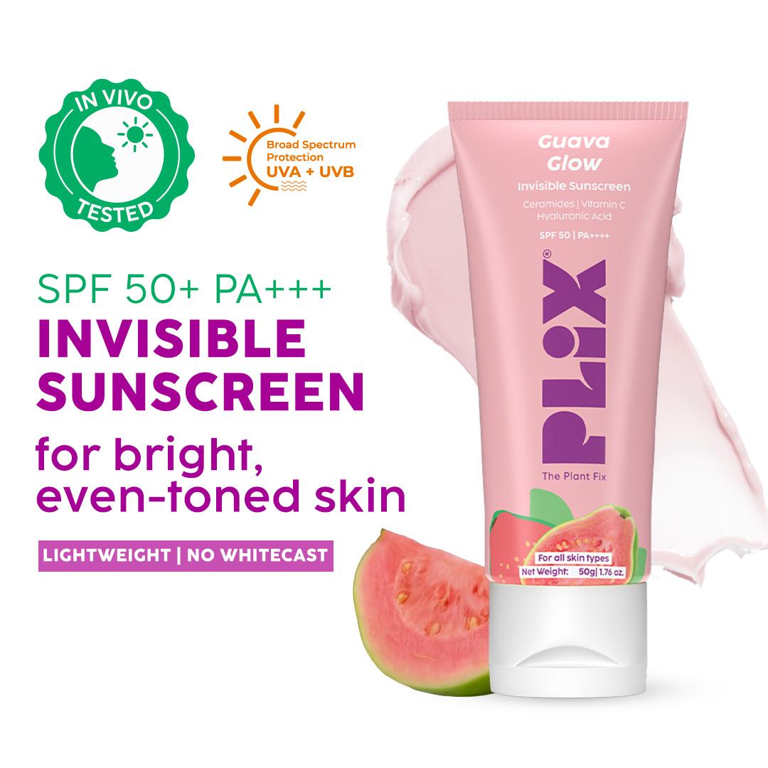 Plix Guava Glow Invisible Sunscreen SPF 50+ PA+++ – Pack of 2 + 15 ml