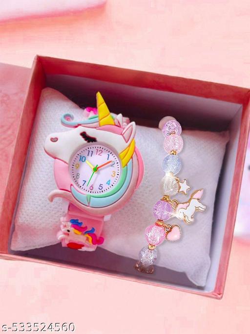 Pink Baby Girls Cartoon Unicorn Quartz Wristwatch With Cute Braclate Free