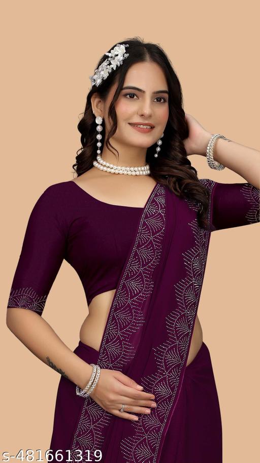 Purple Latest Emblished Hotfix Diamond saree | Georgette saree | stone saree |Party Wear Saree | wedding saree |Best quality | M-Trusted saree| saree Daily wear saree | Saree with Unstiched blouse