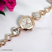 White Square Dial White Diamond Rosegold Metal Analog Watch For Women and Girls