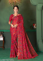 Daily Wear Red  Georgette Lace Border Saree With Unstitched Blouse Piece