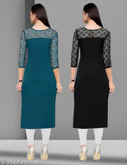 Pack of 1 Casual American Crepe And Net Round-Neck 3/4 Length Sleeves Rama & Black Kurti (42"Inches)