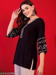 Latest Short Kurti for Women | Black Embroidered  Rayon V-Neck Kurti for Ladies