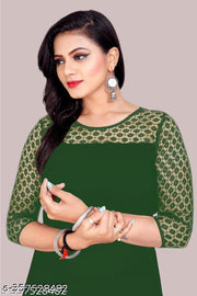 Casual American Crepe And Net Round-Neck 3/4 Length Sleeves Dark Green Kurti (42"Inches)