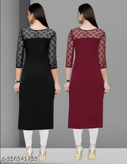 Polyster/Crepe fabric-Pack of 1 Casual And Round-Neck 3/4 Length Sleeves Black & Maroon Kurti (42"Inches)